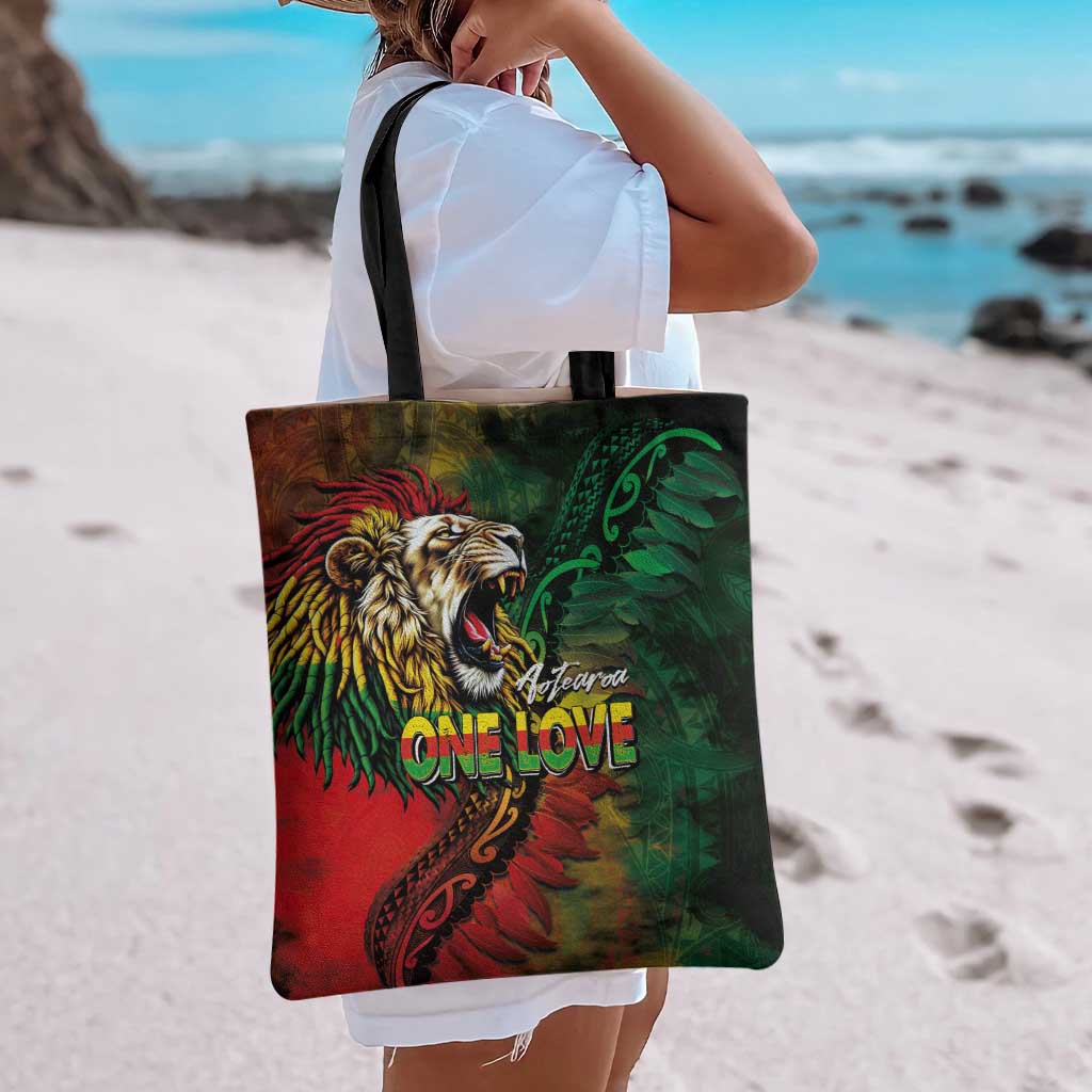 Aotearoa One Love Tote Bag Reggae Lion with Kakahu Huruhuru