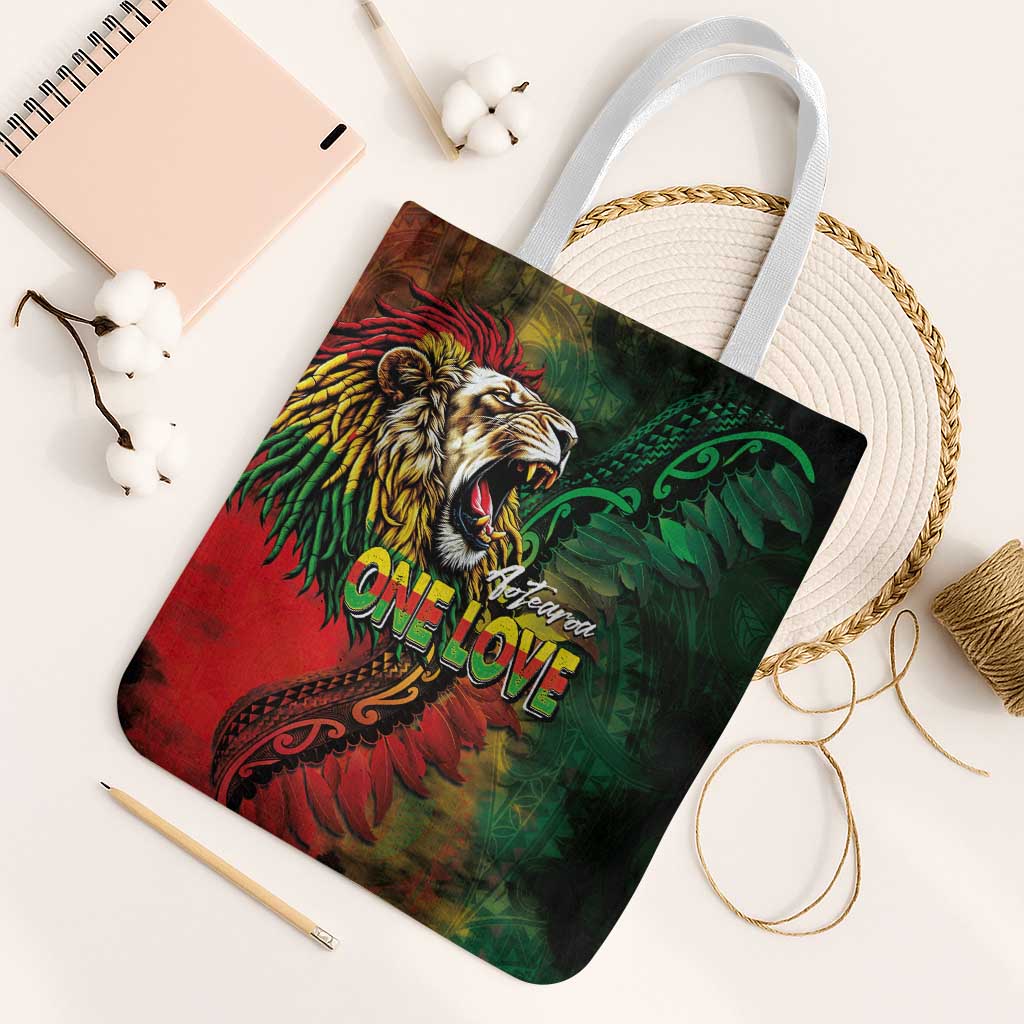 Aotearoa One Love Tote Bag Reggae Lion with Kakahu Huruhuru