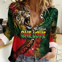 Aotearoa One Love Women Casual Shirt Reggae Lion with Kakahu Huruhuru