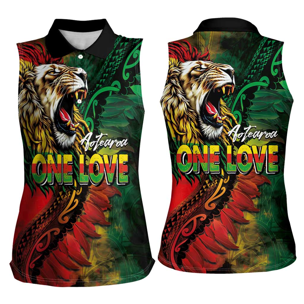 Aotearoa One Love Women Sleeveless Polo Shirt Reggae Lion with Kakahu Huruhuru