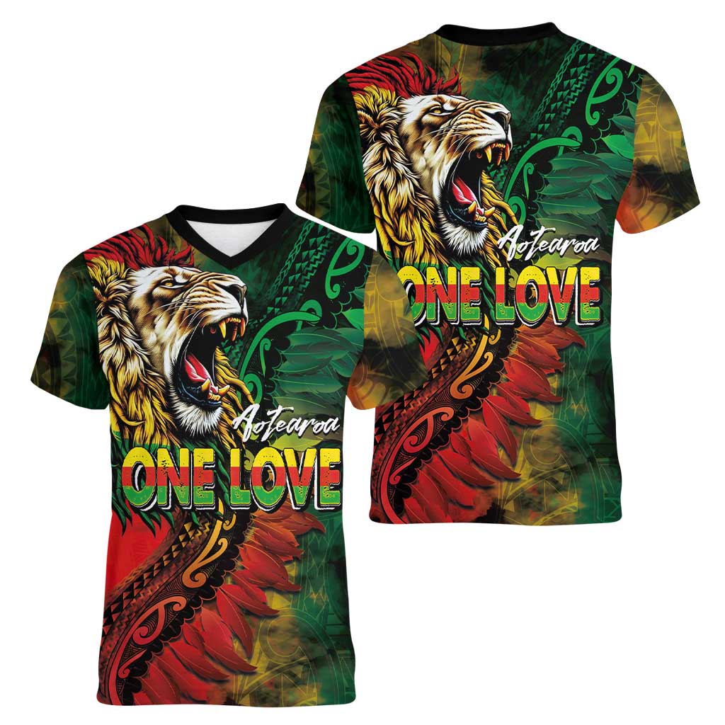 Aotearoa One Love Women V-Neck T-Shirt Reggae Lion with Kakahu Huruhuru