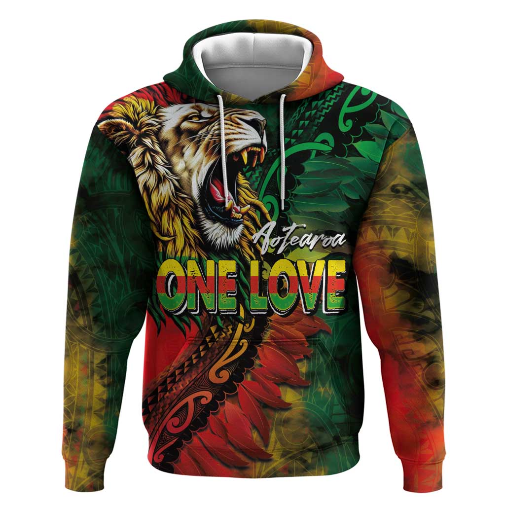 Aotearoa One Love Zip Hoodie Reggae Lion with Kakahu Huruhuru