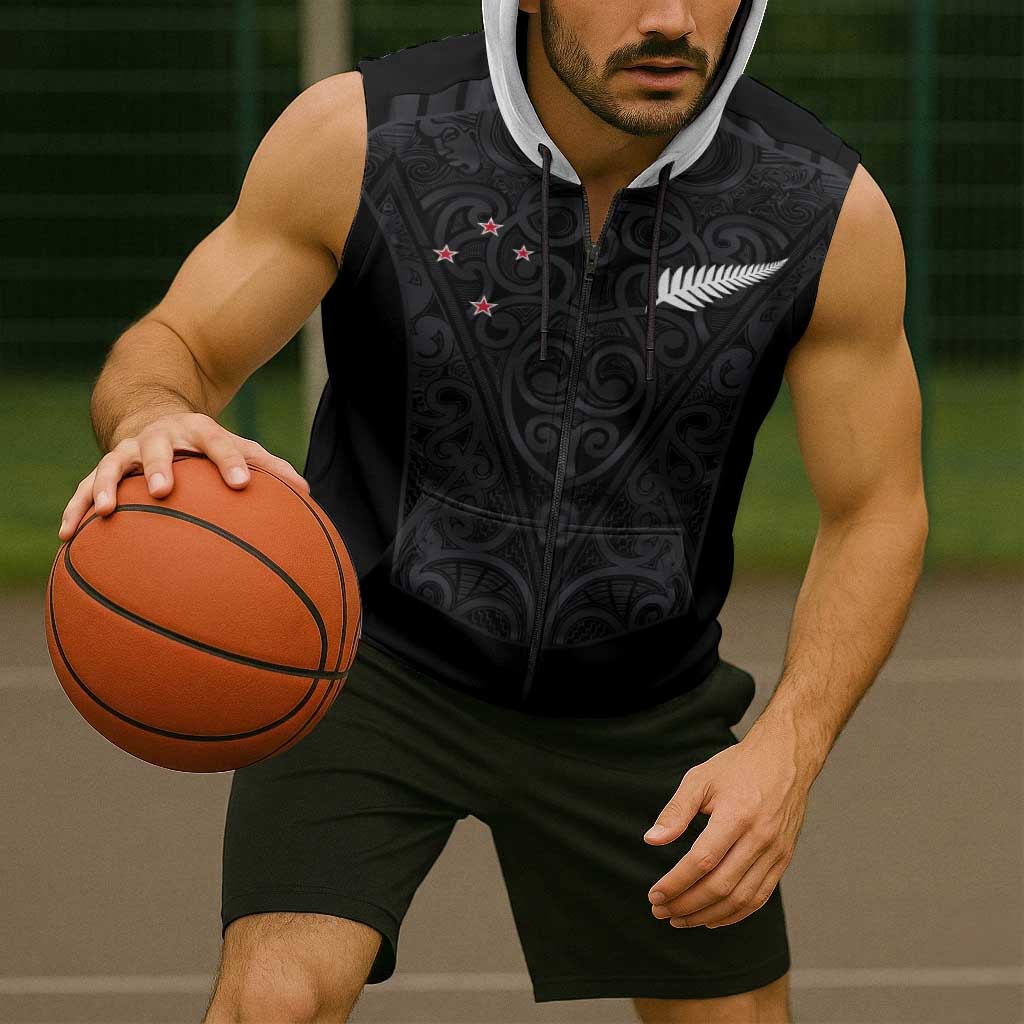 Custom Aotearoa Rugby Sleeveless Zip Hoodie Fern Blacks-Traditional Maori Motifs Design