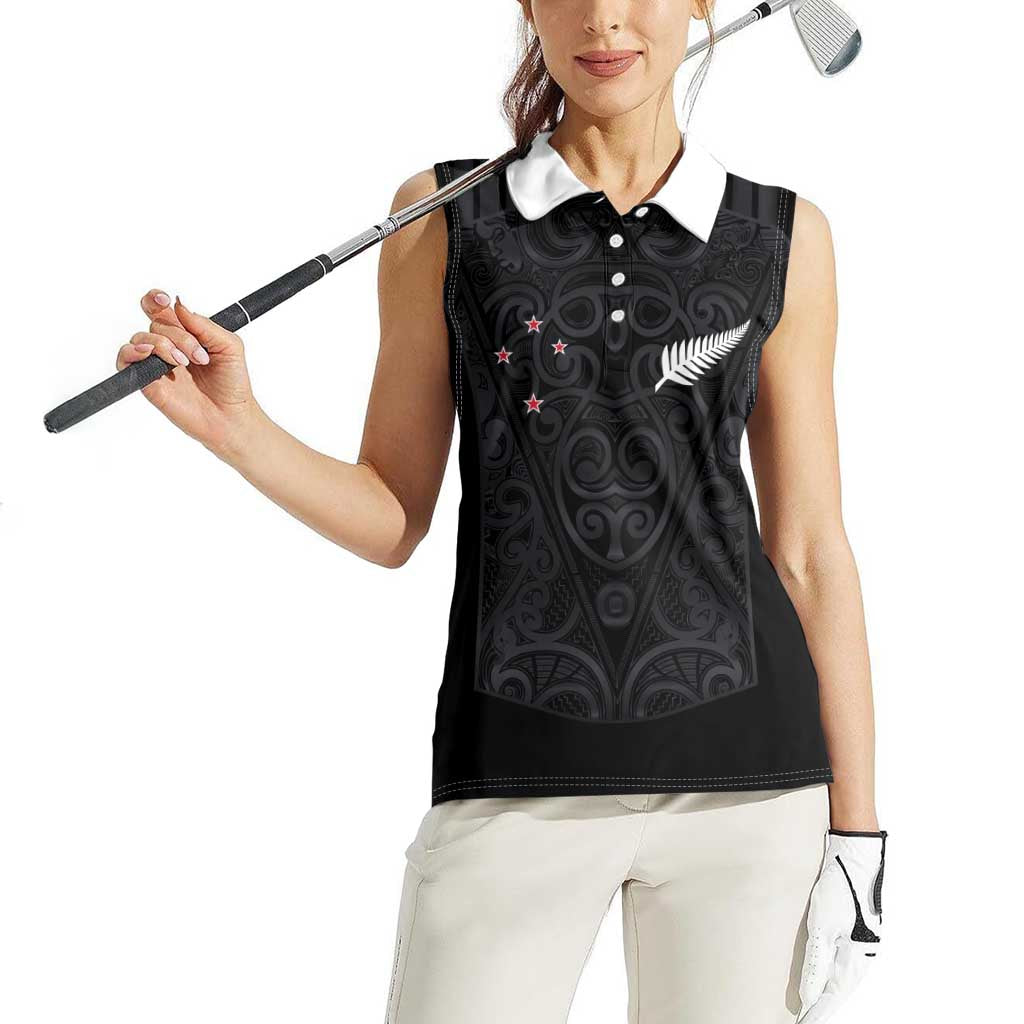 Custom Aotearoa Rugby Women Sleeveless Polo Shirt Fern Blacks-Traditional Maori Motifs Design LT03 - Polynesian Pride