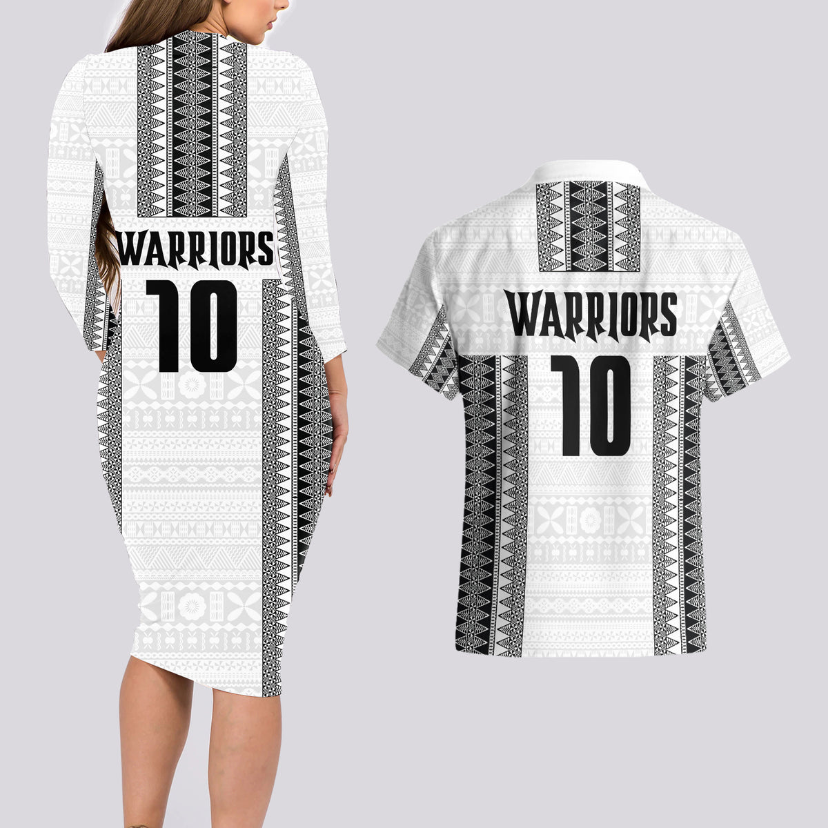 Fiji Rugby Warriors Couples Matching Long Sleeve Bodycon Dress and Hawaiian Shirt Masi Tribal Pattern Go Champion 2024
