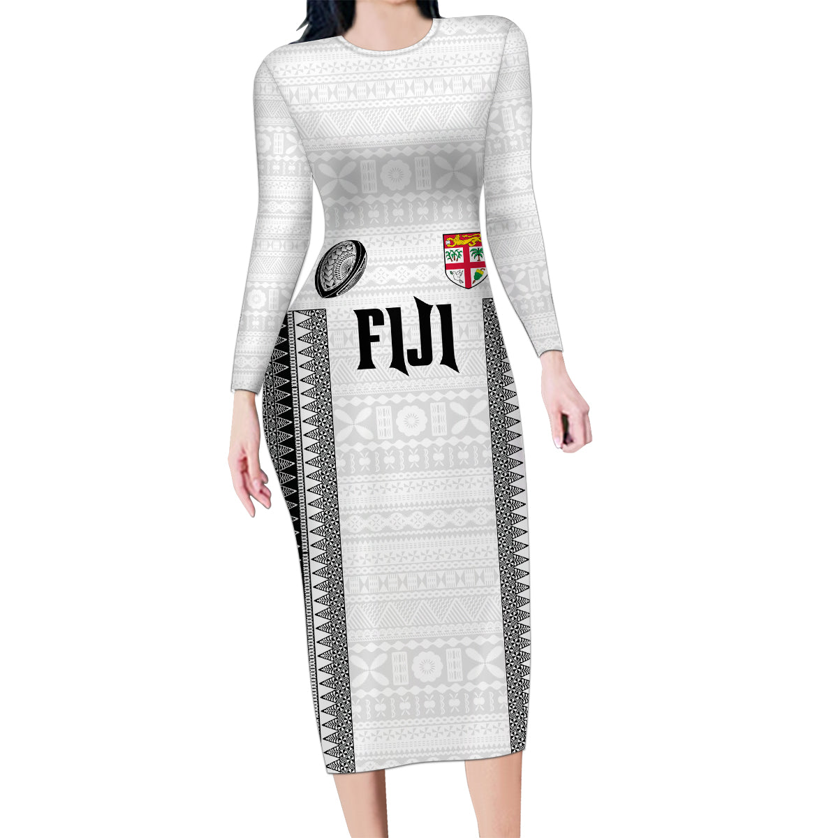 Fiji Rugby Warriors Family Matching Long Sleeve Bodycon Dress and Hawaiian Shirt Masi Tribal Pattern Go Champion 2024 LT03 Mom's Dress White - Polynesian Pride