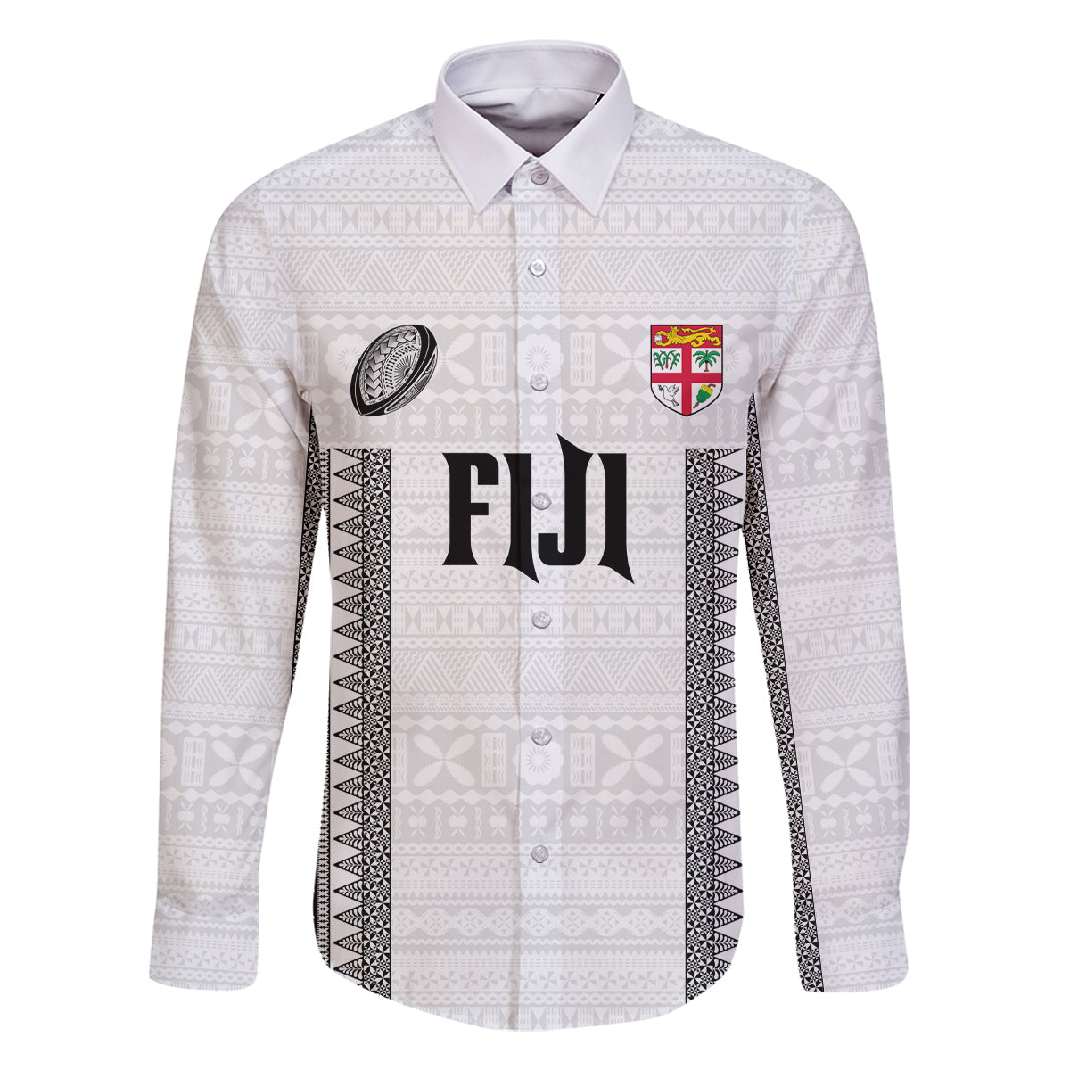 Fiji Rugby Warriors Family Matching Off The Shoulder Long Sleeve Dress and Hawaiian Shirt Masi Tribal Pattern Go Champion 2024 LT03 Dad's Shirt - Long Sleeve White - Polynesian Pride
