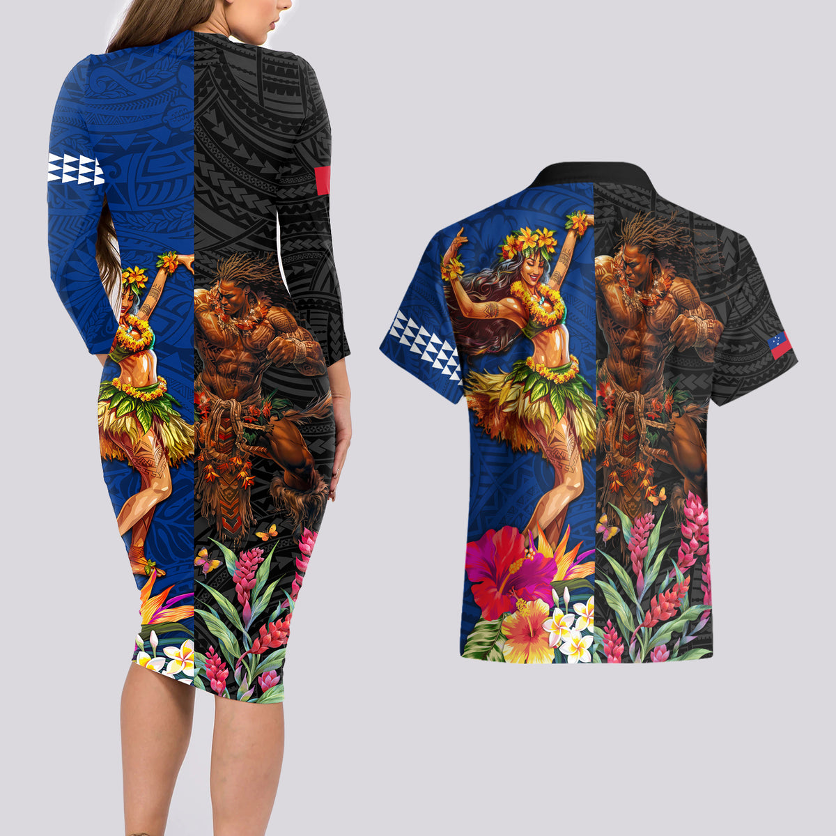Hawaii and Samoa Together Couples Matching Long Sleeve Bodycon Dress and Hawaiian Shirt Samoan Warrior and Beauty Hula Girl LT03 - Polynesian Pride