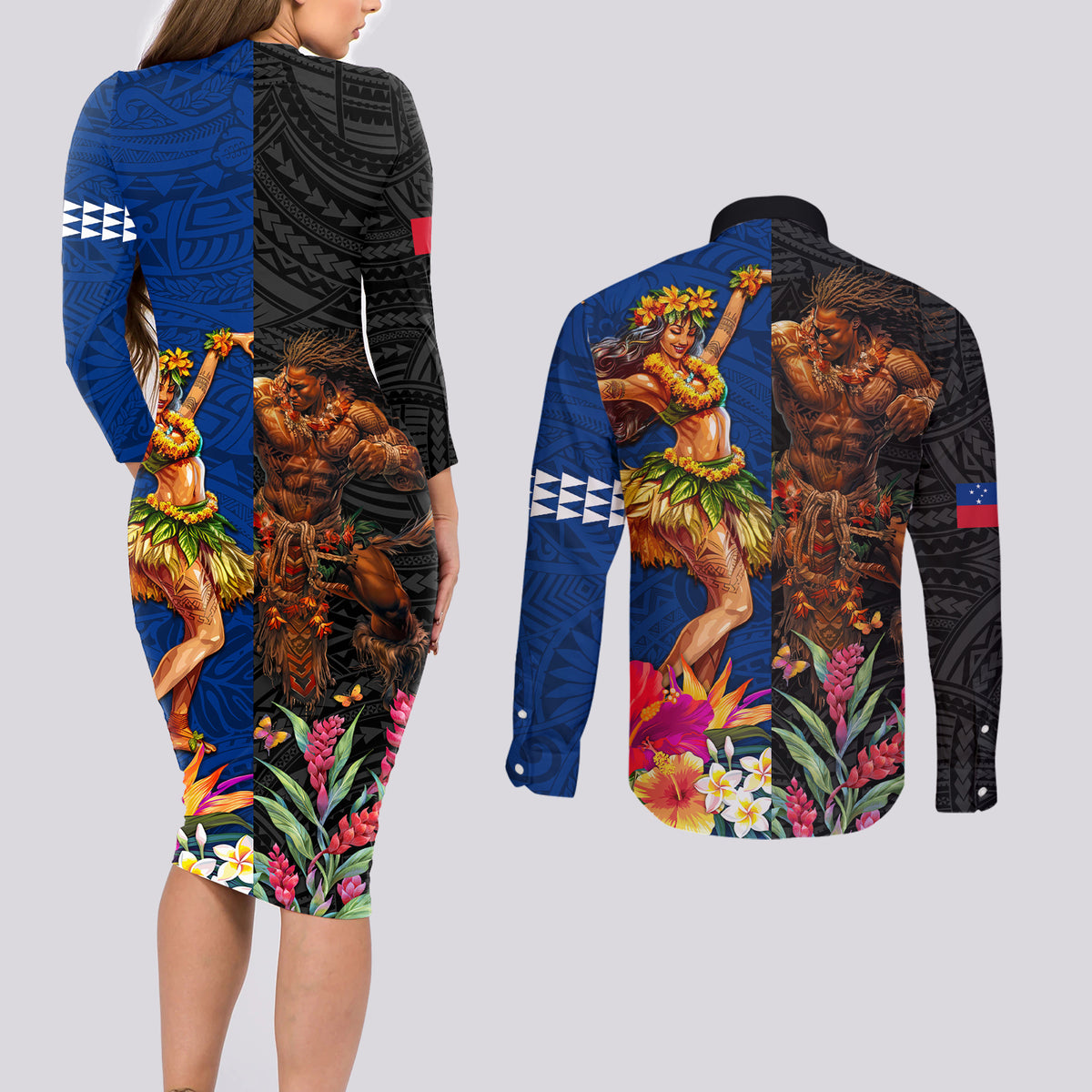 Hawaii and Samoa Together Couples Matching Long Sleeve Bodycon Dress and Long Sleeve Button Shirt Samoan Warrior and Beauty Hula Girl LT03 - Polynesian Pride