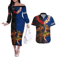 Hawaii and Samoa Together Couples Matching Off The Shoulder Long Sleeve Dress and Hawaiian Shirt Samoan Warrior and Beauty Hula Girl LT03 Black - Polynesian Pride