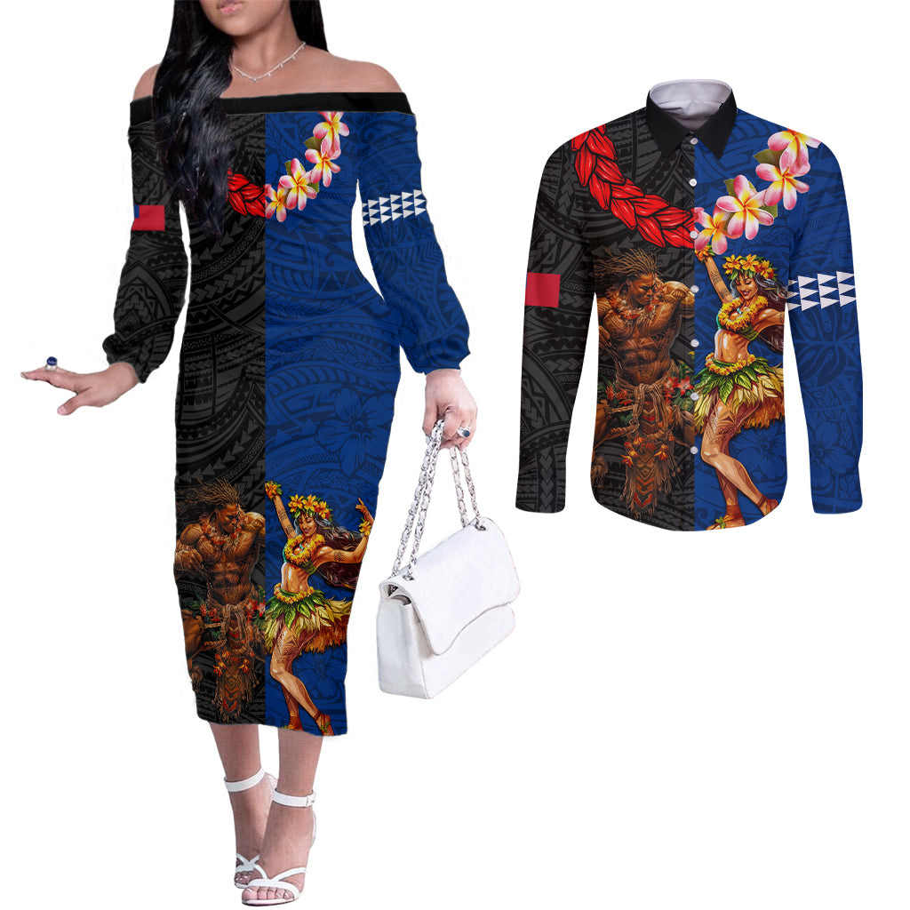Hawaii and Samoa Together Couples Matching Off The Shoulder Long Sleeve Dress and Long Sleeve Button Shirt Samoan Warrior and Beauty Hula Girl LT03 Black - Polynesian Pride