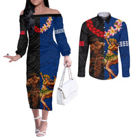 Hawaii and Samoa Together Couples Matching Off The Shoulder Long Sleeve Dress and Long Sleeve Button Shirt Samoan Warrior and Beauty Hula Girl LT03 Black - Polynesian Pride