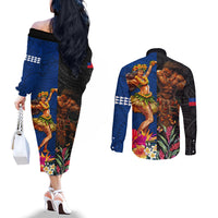 Hawaii and Samoa Together Couples Matching Off The Shoulder Long Sleeve Dress and Long Sleeve Button Shirt Samoan Warrior and Beauty Hula Girl LT03 - Polynesian Pride