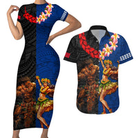 Hawaii and Samoa Together Couples Matching Short Sleeve Bodycon Dress and Hawaiian Shirt Samoan Warrior and Beauty Hula Girl LT03 Black - Polynesian Pride