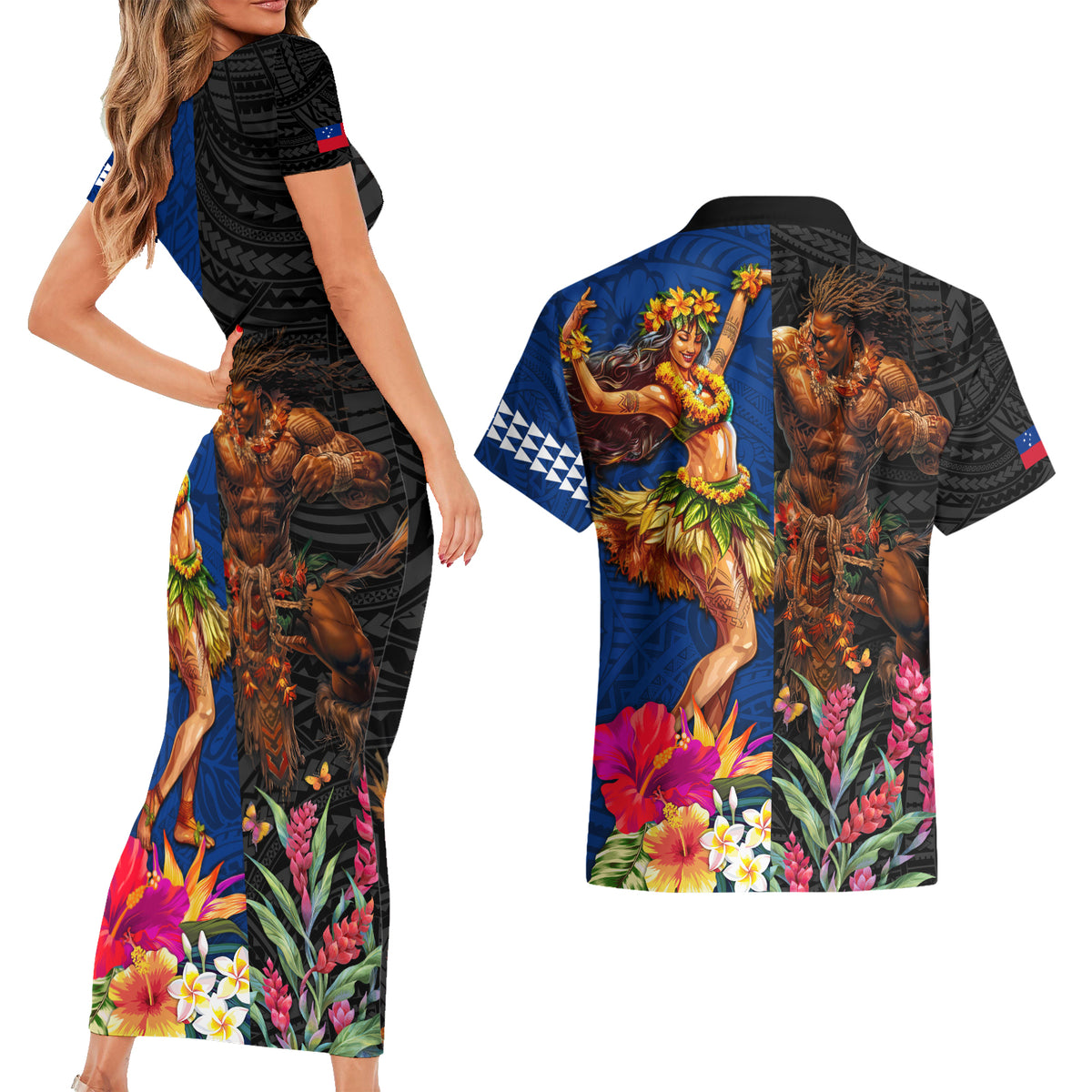 Hawaii and Samoa Together Couples Matching Short Sleeve Bodycon Dress and Hawaiian Shirt Samoan Warrior and Beauty Hula Girl LT03 - Polynesian Pride
