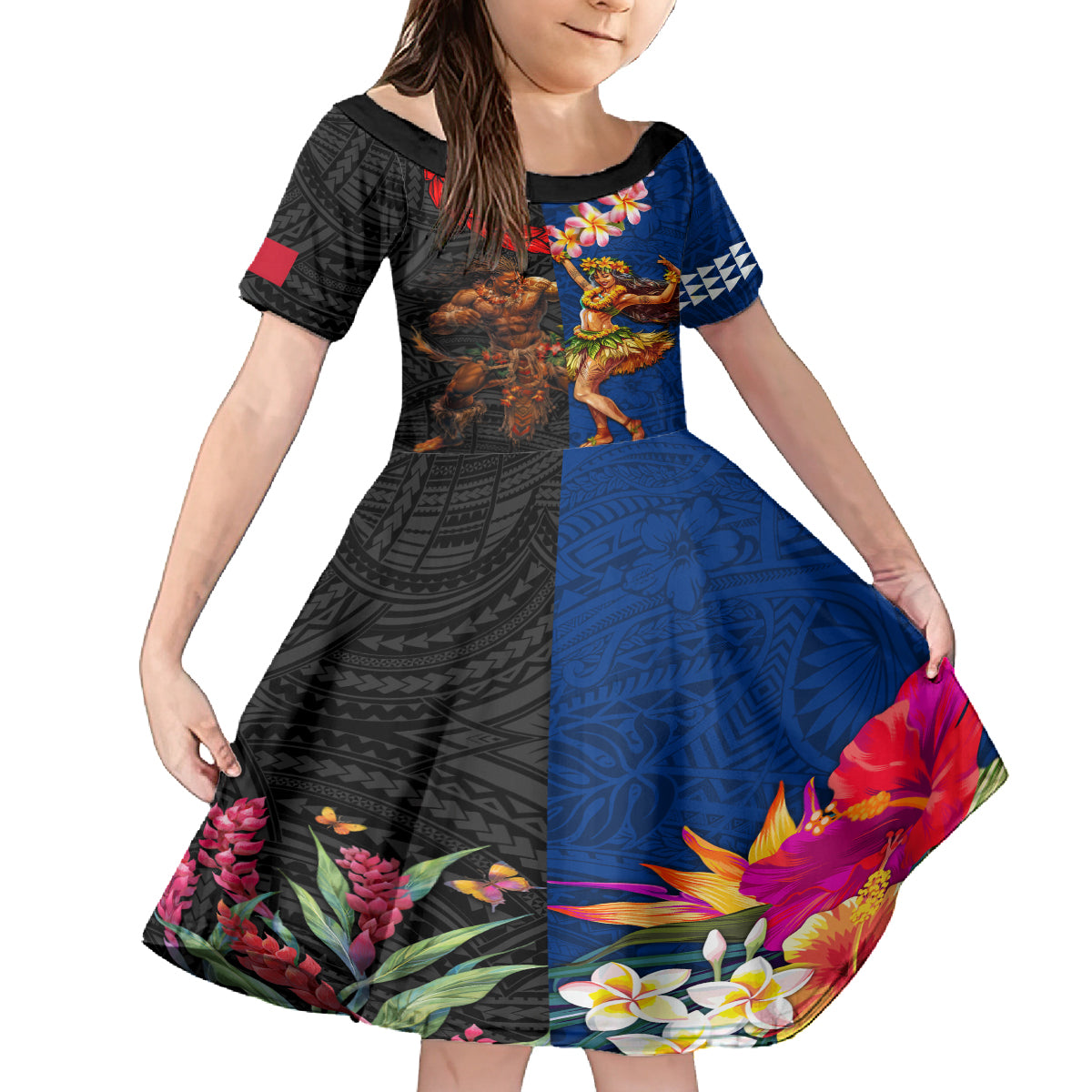 Hawaii and Samoa Together Family Matching Long Sleeve Bodycon Dress and Hawaiian Shirt Samoan Warrior and Beauty Hula Girl LT03 Daughter's Dress Black - Polynesian Pride