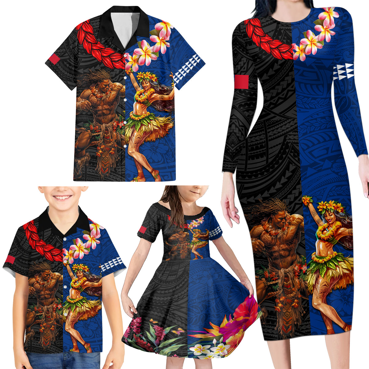 Hawaii and Samoa Together Family Matching Long Sleeve Bodycon Dress and Hawaiian Shirt Samoan Warrior and Beauty Hula Girl LT03 - Polynesian Pride