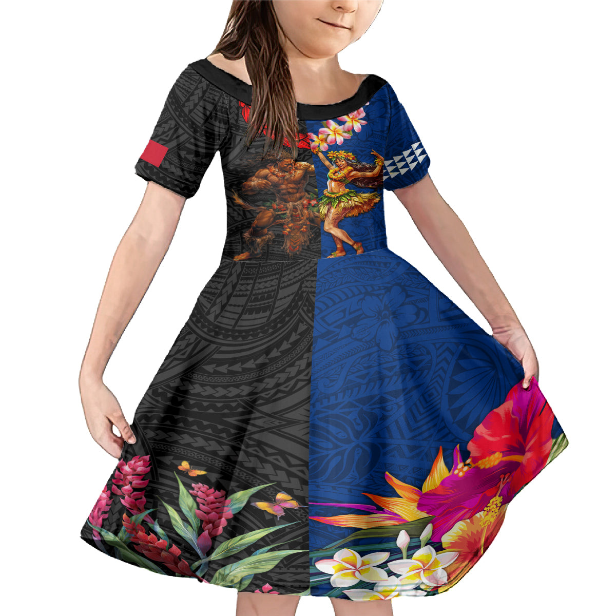 Hawaii and Samoa Together Family Matching Mermaid Dress and Hawaiian Shirt Samoan Warrior and Beauty Hula Girl LT03 Daughter's Dress Black - Polynesian Pride