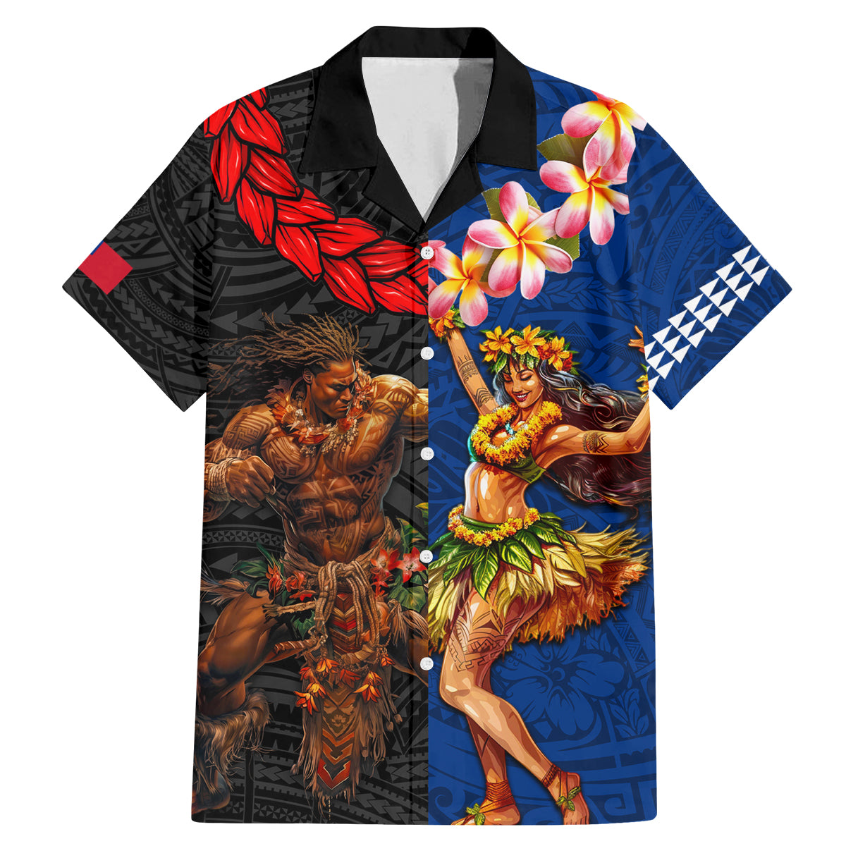 Hawaii and Samoa Together Family Matching Mermaid Dress and Hawaiian Shirt Samoan Warrior and Beauty Hula Girl LT03 Dad's Shirt - Short Sleeve Black - Polynesian Pride
