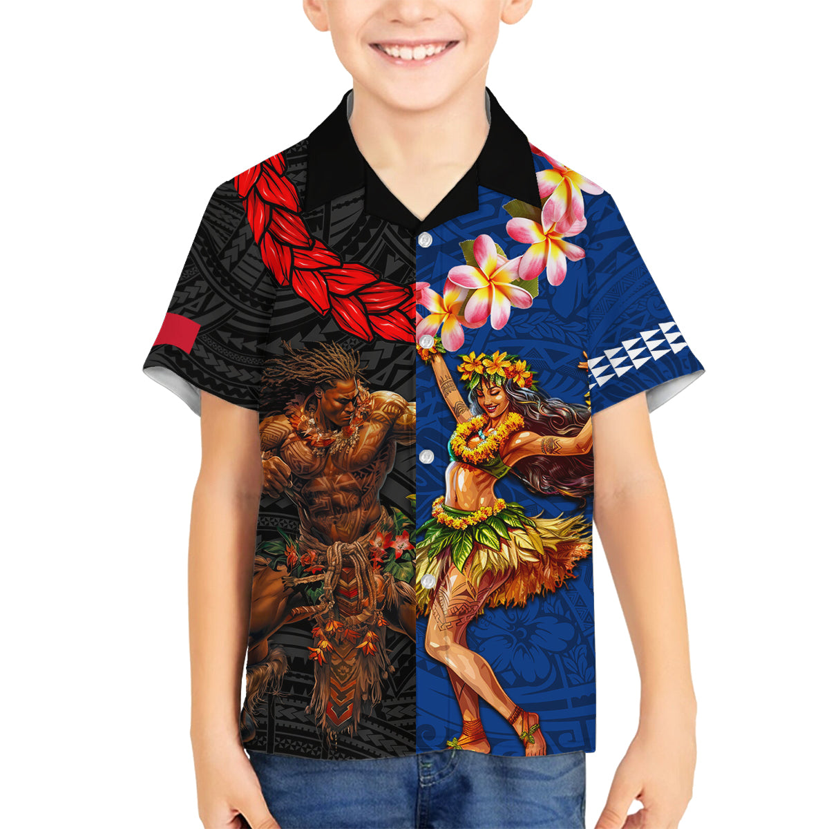 Hawaii and Samoa Together Family Matching Off Shoulder Maxi Dress and Hawaiian Shirt Samoan Warrior and Beauty Hula Girl LT03 Son's Shirt Black - Polynesian Pride