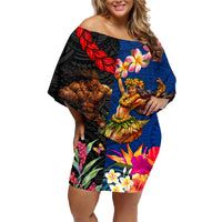 Hawaii and Samoa Together Family Matching Off Shoulder Short Dress and Hawaiian Shirt Samoan Warrior and Beauty Hula Girl LT03 Mom's Dress Black - Polynesian Pride