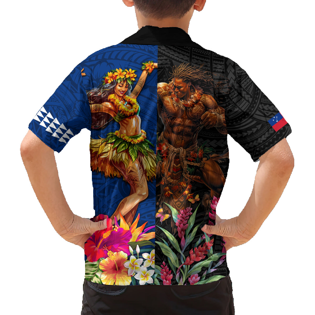 Hawaii and Samoa Together Family Matching Puletasi and Hawaiian Shirt Samoan Warrior and Beauty Hula Girl LT03 - Polynesian Pride