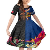 Hawaii and Samoa Together Family Matching Puletasi and Hawaiian Shirt Samoan Warrior and Beauty Hula Girl LT03 Daughter's Dress Black - Polynesian Pride