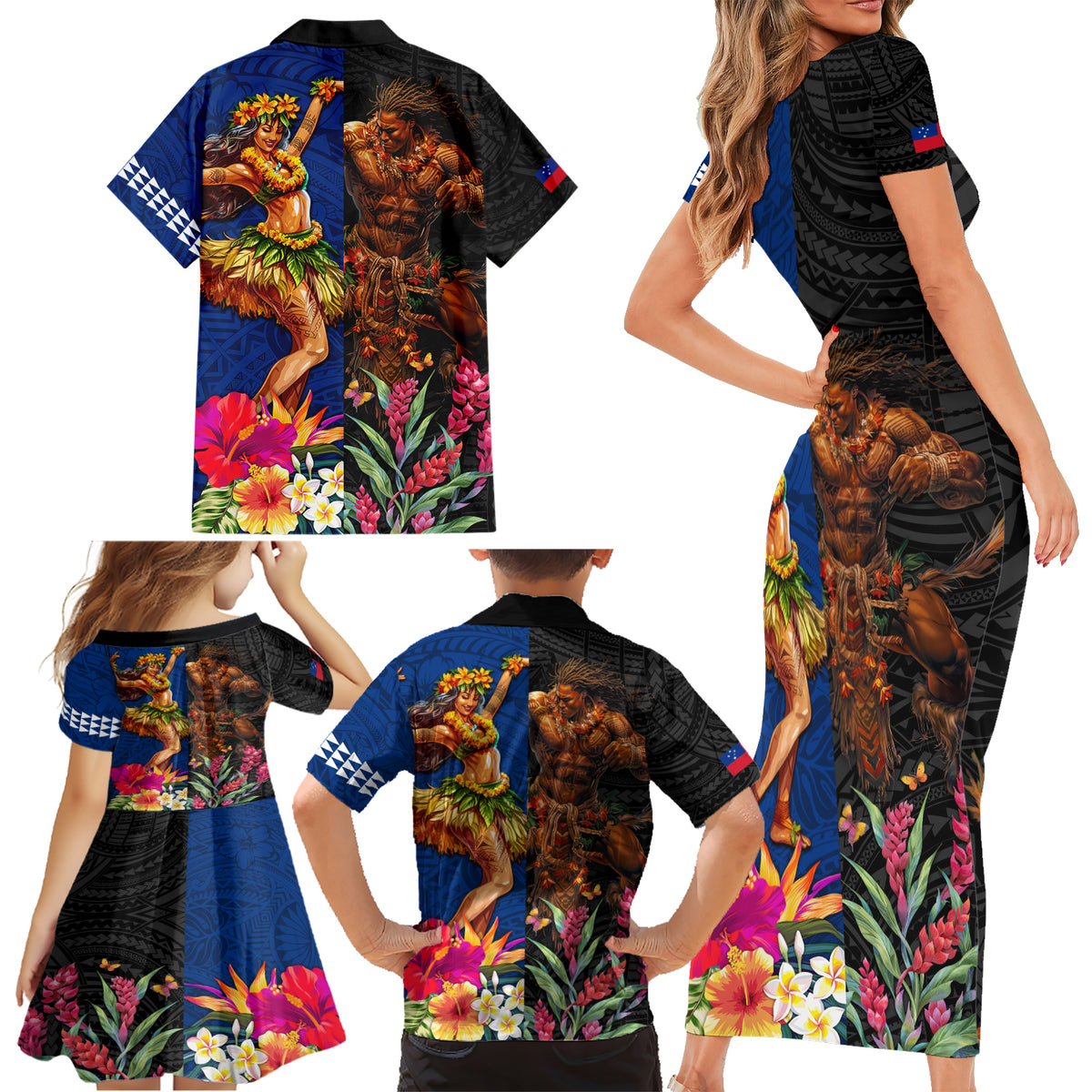 Hawaii and Samoa Together Family Matching Short Sleeve Bodycon Dress and Hawaiian Shirt Samoan Warrior and Beauty Hula Girl LT03 - Polynesian Pride