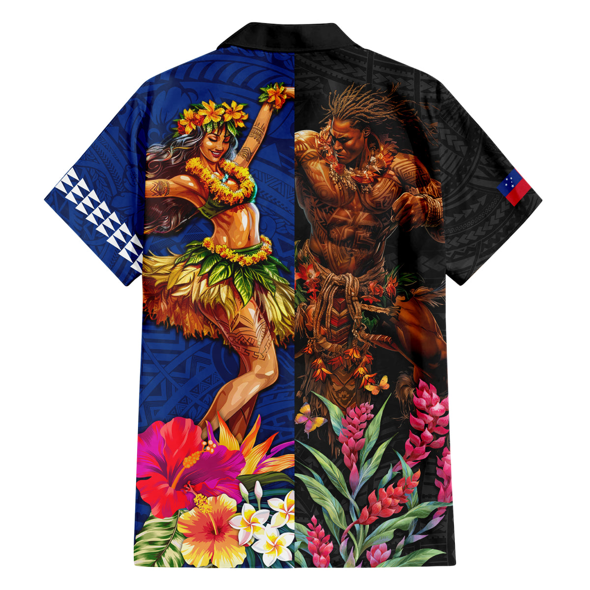 Hawaii and Samoa Together Family Matching Short Sleeve Bodycon Dress and Hawaiian Shirt Samoan Warrior and Beauty Hula Girl LT03 - Polynesian Pride