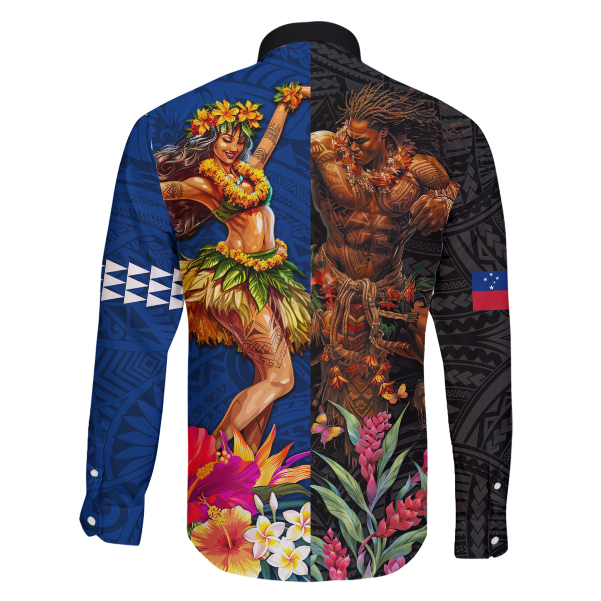 Hawaii and Samoa Together Family Matching Short Sleeve Bodycon Dress and Hawaiian Shirt Samoan Warrior and Beauty Hula Girl LT03 - Polynesian Pride