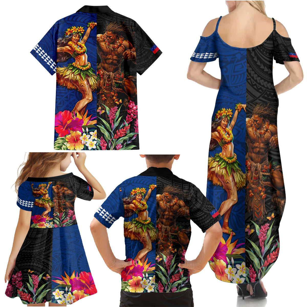 Hawaii and Samoa Together Family Matching Summer Maxi Dress and Hawaiian Shirt Samoan Warrior and Beauty Hula Girl LT03 - Polynesian Pride