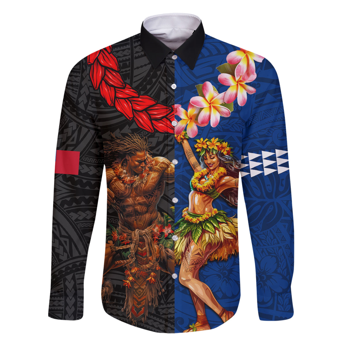 Hawaii and Samoa Together Family Matching Summer Maxi Dress and Hawaiian Shirt Samoan Warrior and Beauty Hula Girl LT03 Dad's Shirt - Long Sleeve Black - Polynesian Pride