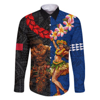 Hawaii and Samoa Together Family Matching Summer Maxi Dress and Hawaiian Shirt Samoan Warrior and Beauty Hula Girl LT03 Dad's Shirt - Long Sleeve Black - Polynesian Pride