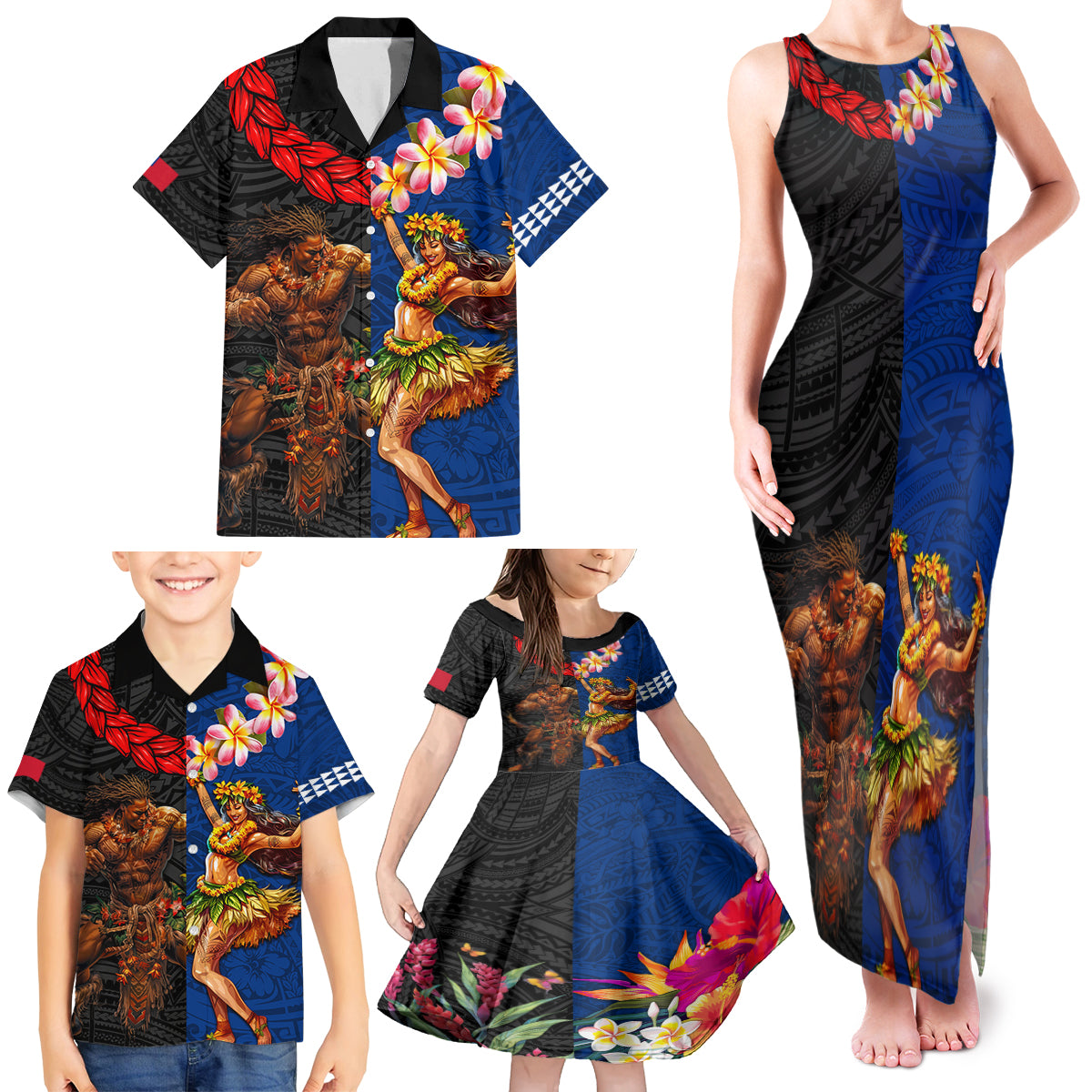 Hawaii and Samoa Together Family Matching Tank Maxi Dress and Hawaiian Shirt Samoan Warrior and Beauty Hula Girl LT03 - Polynesian Pride