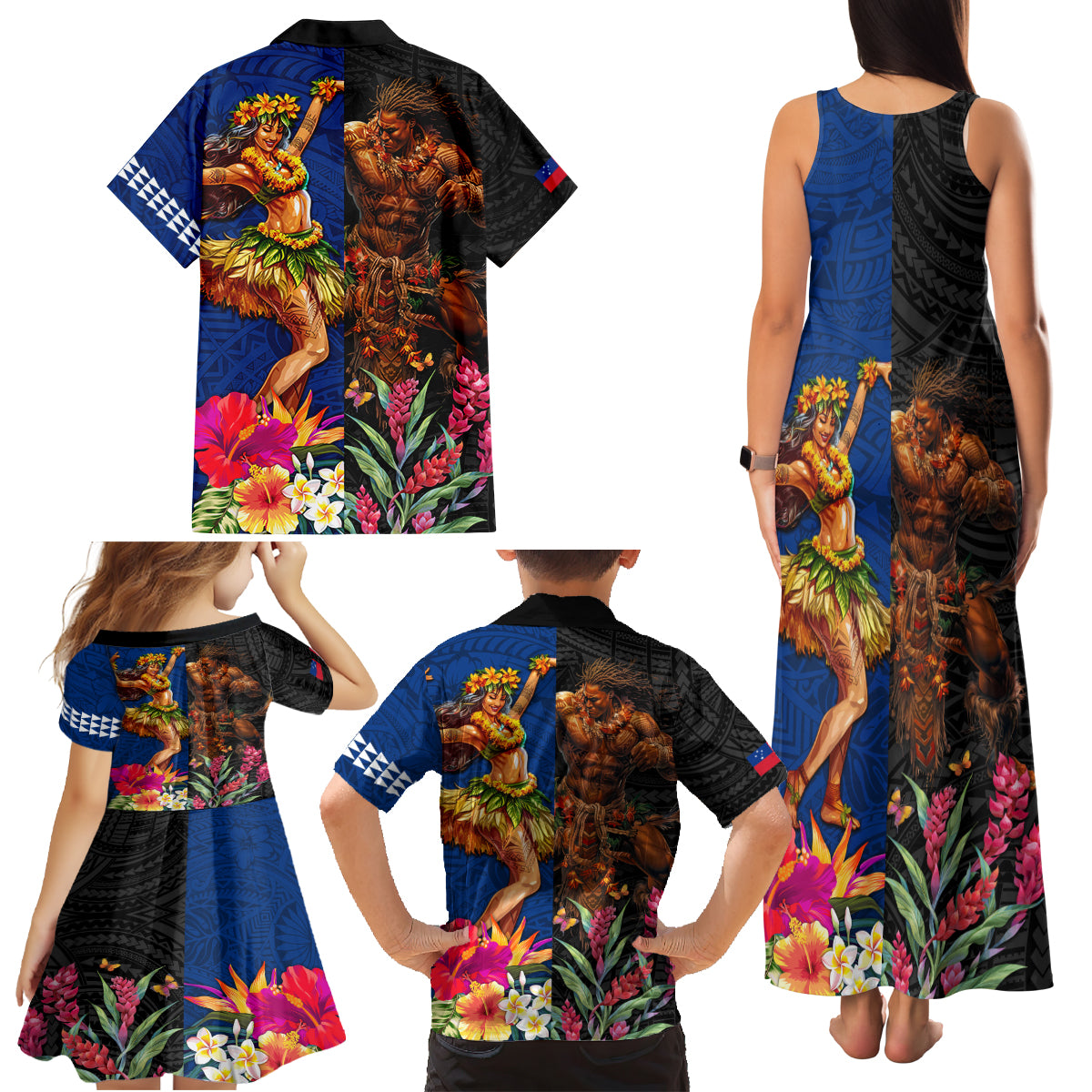 Hawaii and Samoa Together Family Matching Tank Maxi Dress and Hawaiian Shirt Samoan Warrior and Beauty Hula Girl LT03 - Polynesian Pride
