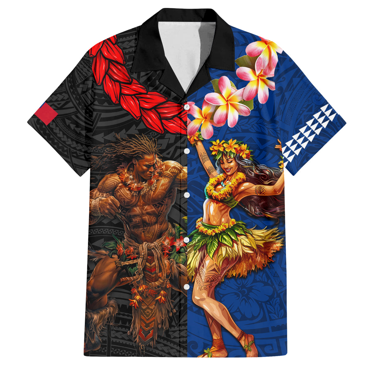 Hawaii and Samoa Together Family Matching Tank Maxi Dress and Hawaiian Shirt Samoan Warrior and Beauty Hula Girl LT03 Dad's Shirt - Short Sleeve Black - Polynesian Pride