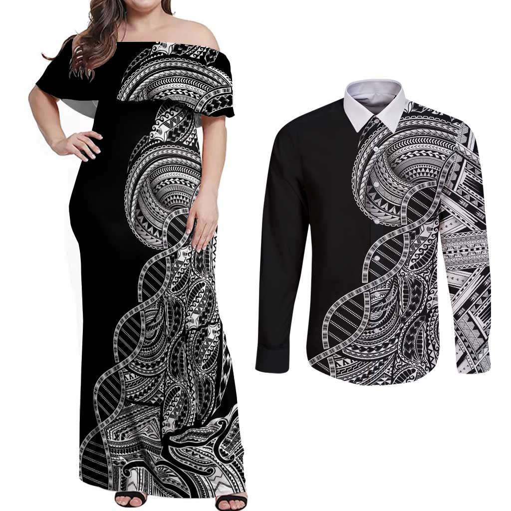Samoan DNA Art Tattoo Couples Matching Off Shoulder Maxi Dress and Long Sleeve Button Shirt Polynesian Pattern Black Color