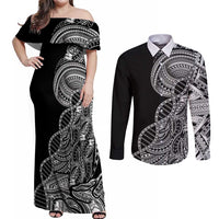 Samoan DNA Art Tattoo Couples Matching Off Shoulder Maxi Dress and Long Sleeve Button Shirt Polynesian Pattern Black Color
