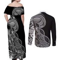 Samoan DNA Art Tattoo Couples Matching Off Shoulder Maxi Dress and Long Sleeve Button Shirt Polynesian Pattern Black Color
