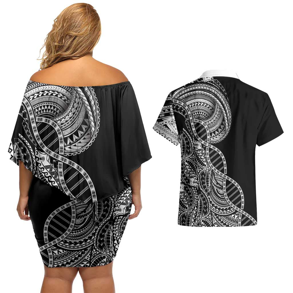 Samoan DNA Art Tattoo Couples Matching Off Shoulder Short Dress and Hawaiian Shirt Polynesian Pattern Black Color