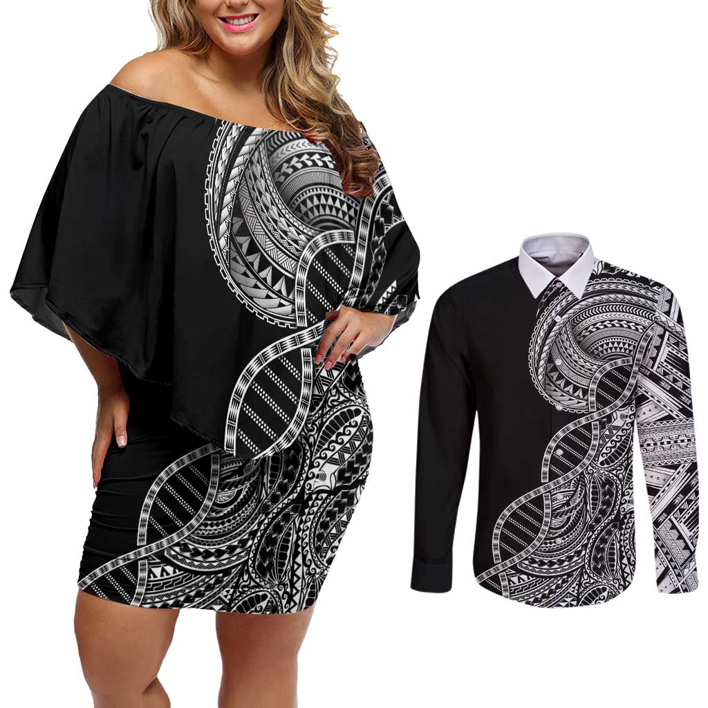 Samoan DNA Art Tattoo Couples Matching Off Shoulder Short Dress and Long Sleeve Button Shirt Polynesian Pattern Black Color