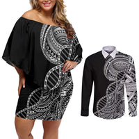 Samoan DNA Art Tattoo Couples Matching Off Shoulder Short Dress and Long Sleeve Button Shirt Polynesian Pattern Black Color