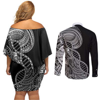 Samoan DNA Art Tattoo Couples Matching Off Shoulder Short Dress and Long Sleeve Button Shirt Polynesian Pattern Black Color