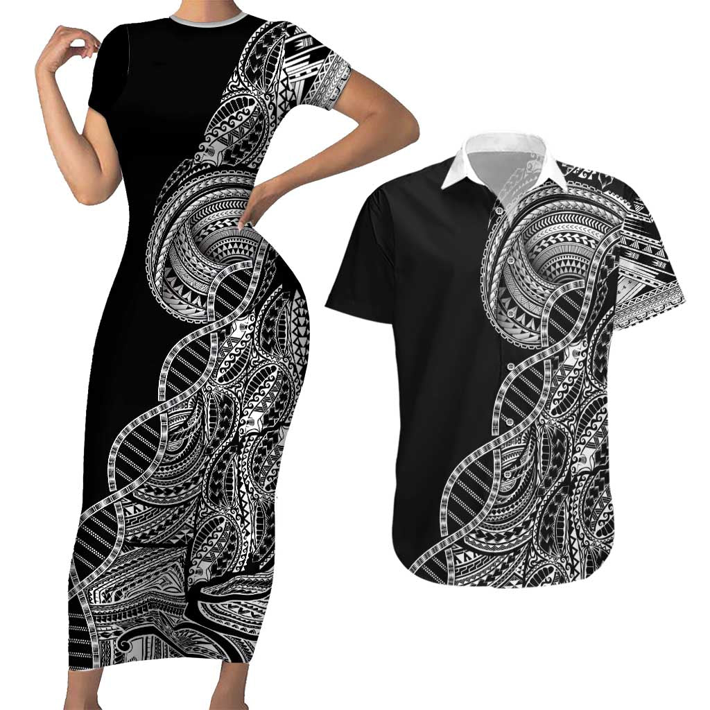 Samoan DNA Art Tattoo Couples Matching Short Sleeve Bodycon Dress and Hawaiian Shirt Polynesian Pattern Black Color