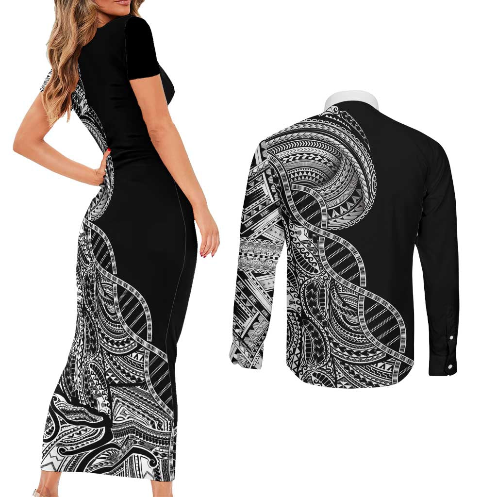 Samoan DNA Art Tattoo Couples Matching Short Sleeve Bodycon Dress and Long Sleeve Button Shirt Polynesian Pattern Black Color