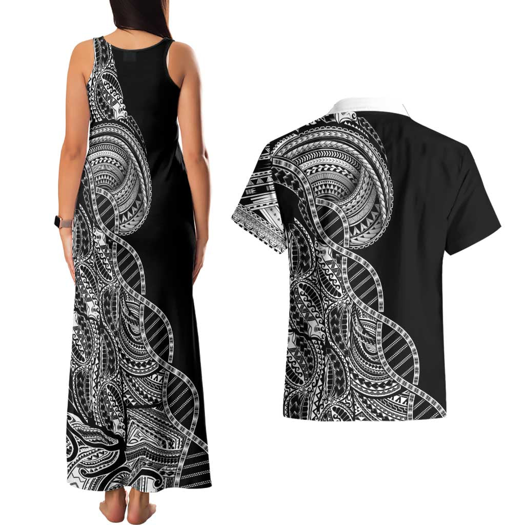 Samoan DNA Art Tattoo Couples Matching Tank Maxi Dress and Hawaiian Shirt Polynesian Pattern Black Color