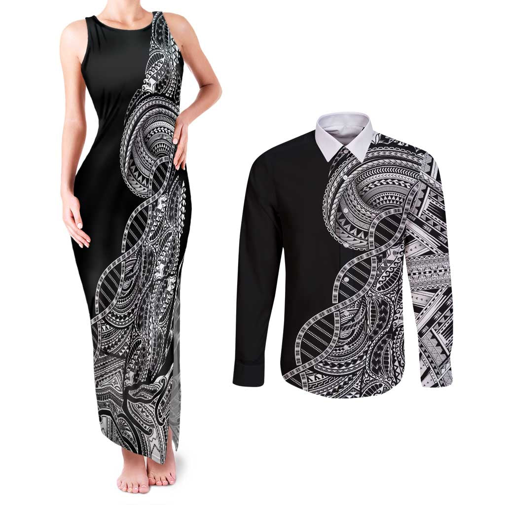 Samoan DNA Art Tattoo Couples Matching Tank Maxi Dress and Long Sleeve Button Shirt Polynesian Pattern Black Color