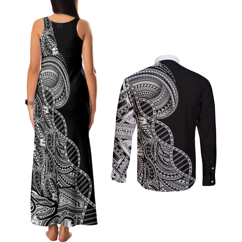 Samoan DNA Art Tattoo Couples Matching Tank Maxi Dress and Long Sleeve Button Shirt Polynesian Pattern Black Color