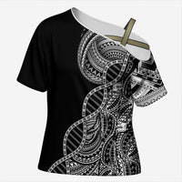 Samoan DNA Art Tattoo Cross Shoulder Shirt Polynesian Pattern Black Color