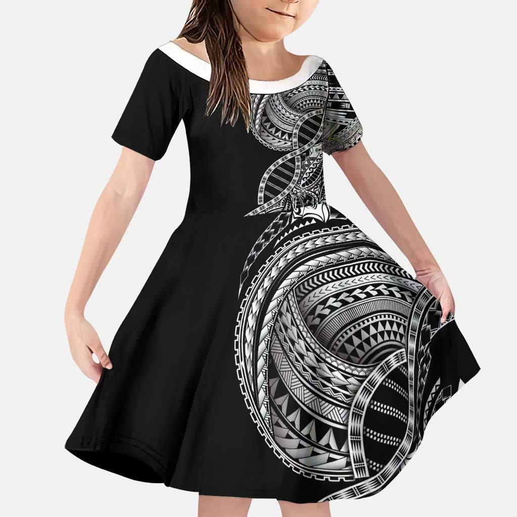 Samoan DNA Art Tattoo Family Matching Long Sleeve Bodycon Dress and Hawaiian Shirt Polynesian Pattern Black Color LT03 Daughter's Dress Black - Polynesian Pride